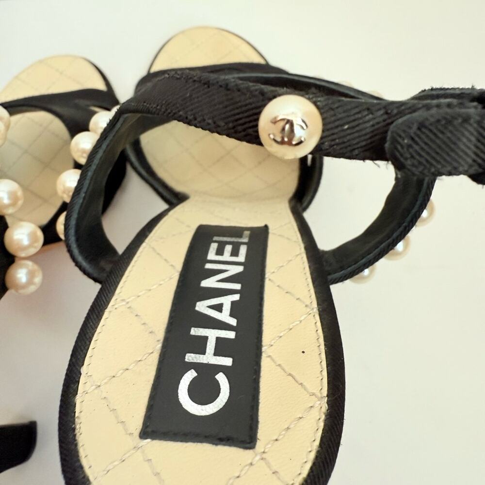 Chanel Black Grosgrain Pearl Slingback Heels Sandals CC Logo EU 41 - Picture 6 of 11